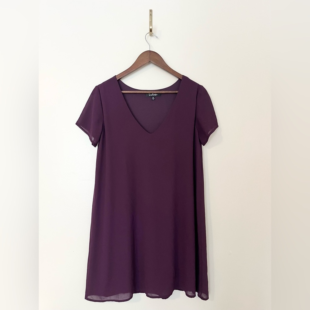 Lulus V Neck Short Sleeve A Line‎ Mini Dress Purple Size M